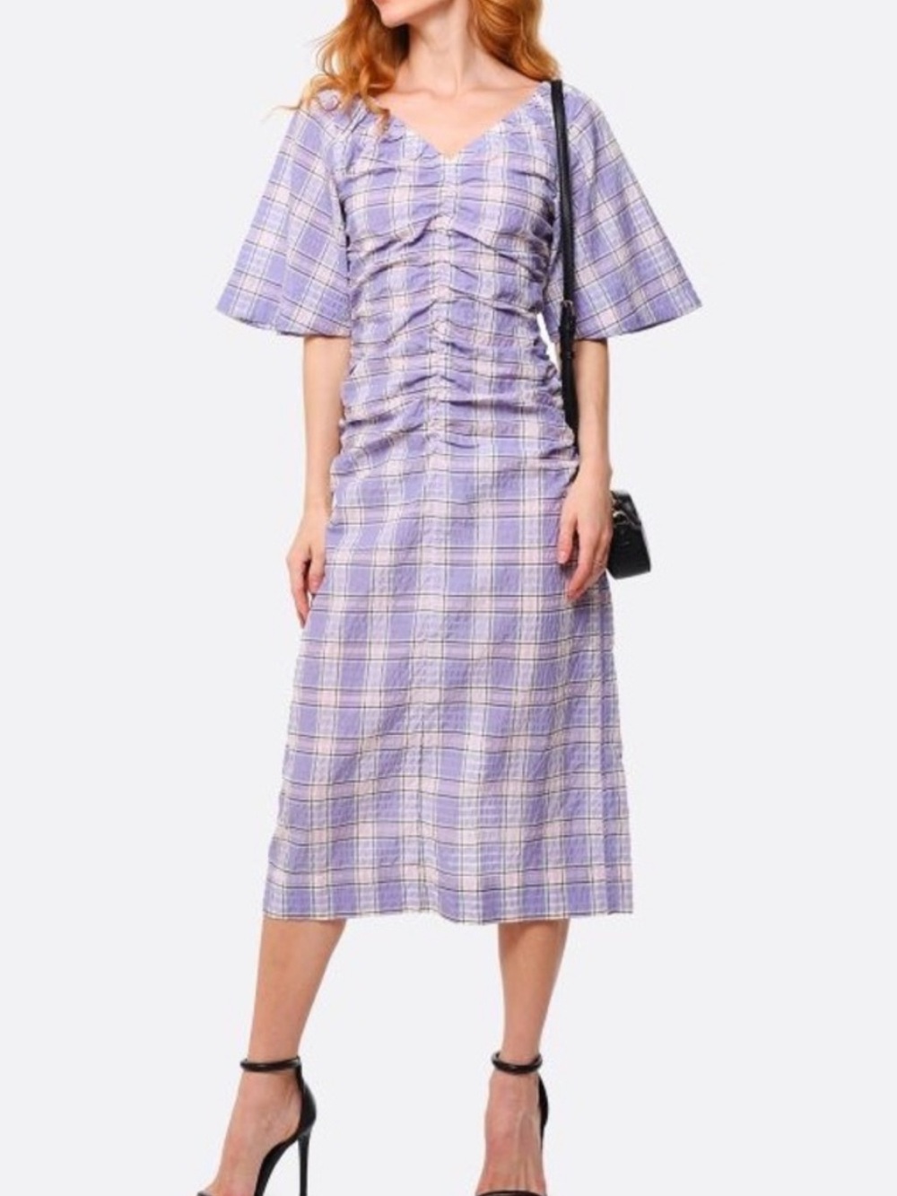 Ganni Lavender Plaid Ruched Midi Dress
